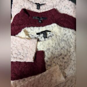 White House Black Market Long Sleeve Lace Textured Sweater in Burgundy and Cream